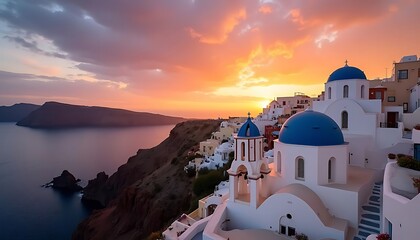 Sunset over Oia, Santorini: A breathtaking view of the iconic blue-domed churches and the Aegean Sea during a vibrant sunset.