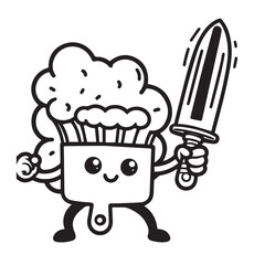 Coloring book spatula with a chef's hat and a sword, perfect for children's coloring pages