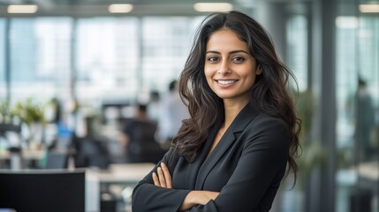 Obraz premium attractive Indian woman in her late thirties, smiling and standing with arms crossed inside the office space at work