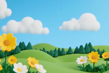 Fototapeten Claymation nature A vibrant, cartoonish landscape featuring bright flowers, green hills, and fluffy clouds under a blue sky, creating a cheerful, whimsical atmosphere. © Pisahouse