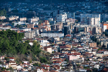 Obraz premium High angle view over rooftops and historical houses in the village of Berat, Albania