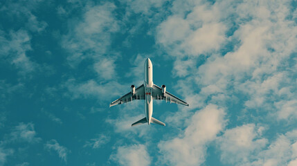 Commercial airplane flying against a bright blue sky with scattered white clouds