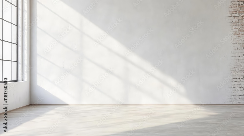 Poster Sunlight streaming through a large window fills a spacious, empty room, casting shadows on white walls and illuminating the wooden floor with rustic brick accents