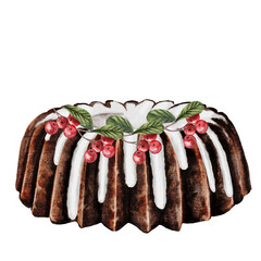 Chocolate cake watercolor. Hand drawn holiday cupcake. Clip art of pie on isolated white background. Ideal for cookbook and bakery menu