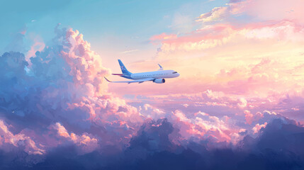 Airplane flying through colorful clouds during a serene sunset