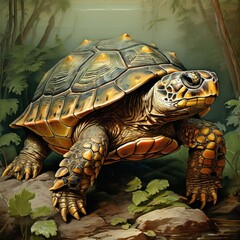 Naklejka premium the AI Image Generator, Illustrated Turtle in Natural Forest Setting w