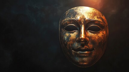 Fototapeta premium A single golden mask illuminated by a dramatic spotlight against a dark background, symbolizing mystery and theatrical elegance Copy space for text 
