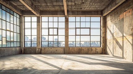 Empty industrial loft with large windows offering cityscape views