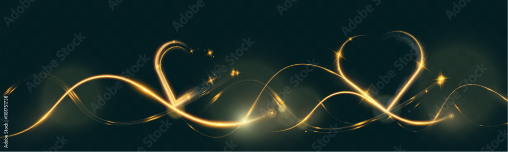 Poster golden glowing light trail forming a heart shape with sparkles and smooth curves on dark background,