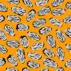 Date fruit seamless pattern. Palm fruit black and white motif from middle east on orange background. Iftar, Ramadan Kareem, Eid Al Fitr, Eid Al Adha Element Decoration Banner