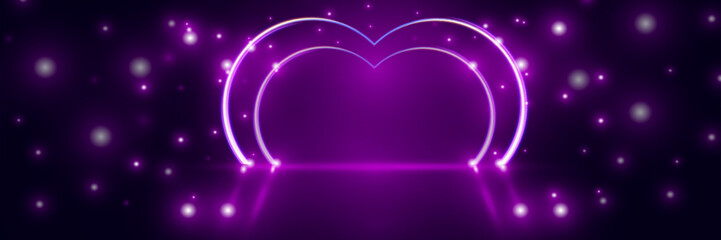 Obraz premium Futuristic modern empty stage with reflective dark room, glowing neon heart shape, and cloud. 3D render for romantic, tech, and creative design projects. 