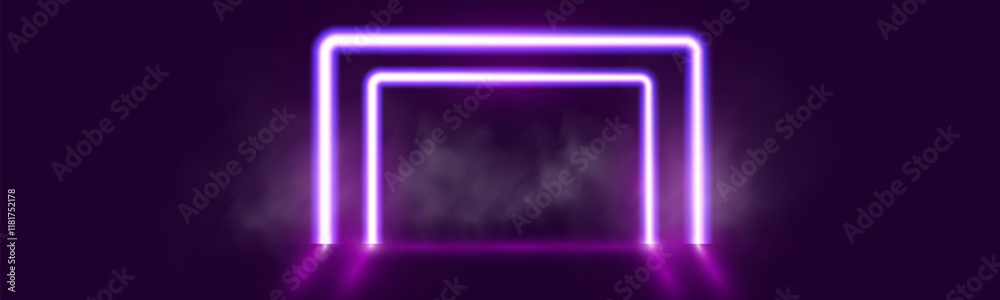 Poster futuristic minimal purple neon light hexagon frame background template with glowing lines on dark tr