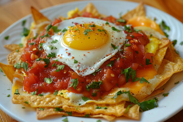 Chilaquiles, tortilla chips topped with salsa, eggs, and cheese.
