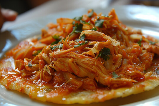 Chicken tinga, shredded and spicy, served on crispy tostadas.