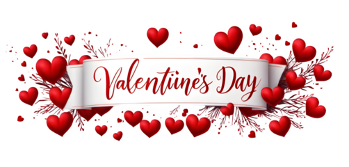 Valentine's Day banner in beautiful calligraphy, decorated with red hearts and placed on a transparent backdrop.