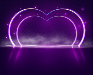 Futuristic modern empty stage with reflective dark room, glowing neon heart shape, and cloud. 3D render for romantic, tech, and creative design projects.
