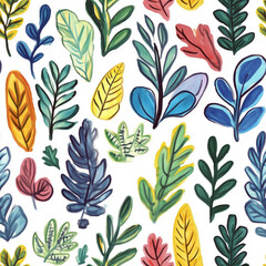 A watercolor childrens drawing of various autumn leaves on white background. Seamless pattern illustration of colorful fall foliage. AI-generated