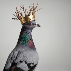 A pigeon wearing a crown of twigs, plain white background.
