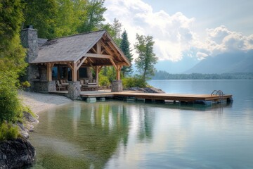 Fototapeta premium A tranquil lakefront property with a timber-framed structure and a dock extending into the water