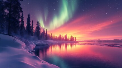 Aurora borealis over snowy lake at sunset.