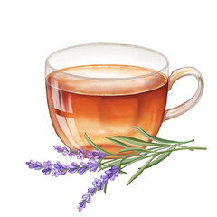Lavender tea in cup and flowers. Food illustration with calming antistress herbal drink