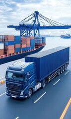 Truck Driving on Highway Near Shipping Port with Cranes and Container Cargo in Background for Logistics