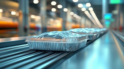 Aluminum trays on conveyor, modern food packaging, industrial efficiency, blurred background, technological precision.