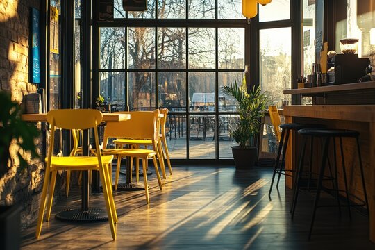 Sunny cafe interior, yellow chairs, city view, morning sunlight, coffee shop