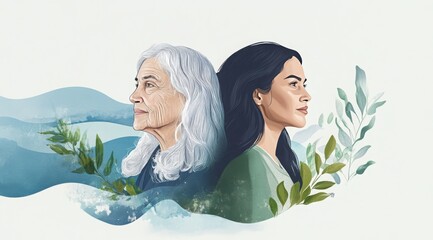 Portrait of generational connection between grandmother and granddaughter with nature elements in the background