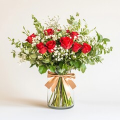 Naklejka premium A beautiful bouquet of red roses adorned with white flowers and lush greenery, elegantly arranged in a clear glass vase with a satin ribbon.