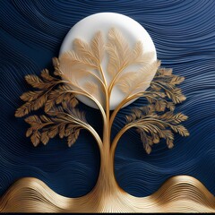 Generated imageGolden Tree of Serenity: Modern 3D Mural with Wavy Lines and White Moon"
A stunning 3D wallpaper design featuring a golden tree against a dark blue backdrop, with a radiant white moon a