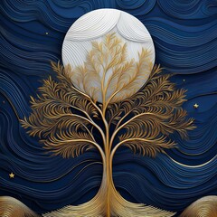 Generated imageGolden Tree of Serenity: Modern 3D Mural with Wavy Lines and White Moon"
A stunning 3D wallpaper design featuring a golden tree against a dark blue backdrop, with a radiant white moon a