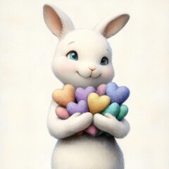 A cute rabbit holds colorful heart-shaped candies, exuding a joyful and friendly vibe, perfect for themes of love and celebration.