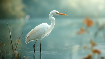 Obraz premium A graceful heron stands poised at the water's edge, its glossy feathers reflecting morning light