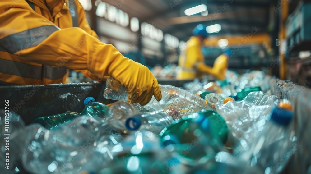 Poster employees wearing safety gear are actively sorting through a large collection of plastic bottles in 