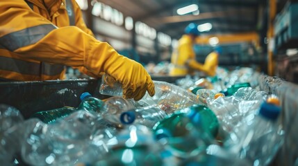 Obraz premium Employees wearing safety gear are actively sorting through a large collection of plastic bottles in a recycling facility. The dynamic environment showcases teamwork in waste management.