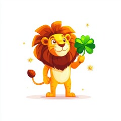 Obraz premium A cheerful cartoon lion holding a four-leaf clover, surrounded by sparkles, symbolizing luck and joy.