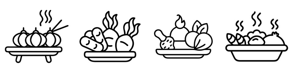 roasted veggies icon, vegetables line art, vegetables vector - simple black line art icon of roasted veggies perfect for logos, and vegetables-themed designs.