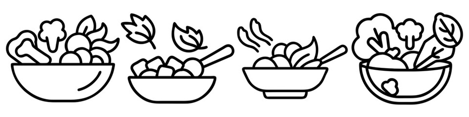 vegetable stir fry icon, vegetables line art, vegetables vector - simple black line art icon of vegetable stir fry perfect for logos, and vegetables-themed designs.