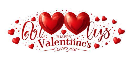 Valentine's Day typography featuring cheerful lettering and red hearts, designed as a standalone label