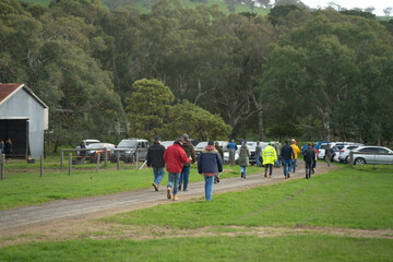group of farmers on a farm looking at pasture and crops learning about agriculture in spring