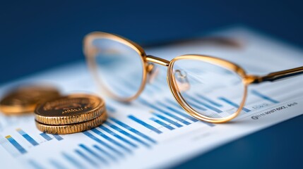 Stylish Glasses on Financial Report with Coins and Graphs