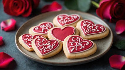 Fototapeta premium Valentine's day heart cookies on plate with copy space