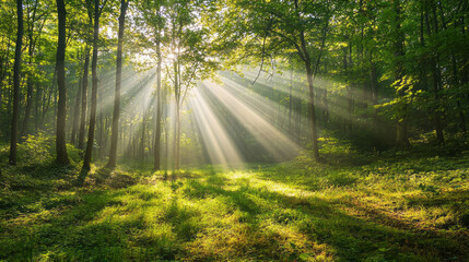 Sunbeams Illuminate a Tranquil Forest Clearing in Morning Light