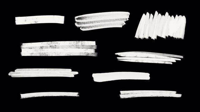 A Set of brush stroke stripes texture: Hand-drawn animation of pencil crayon, rough chalk scribble, markers, writing paint lines on a transparent background, alpha channel.