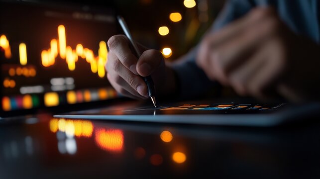 Nightly Stock Market Analysis: A Close-Up of a Trader's Focused Hands