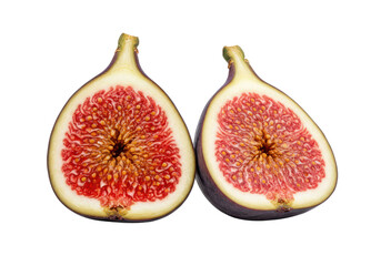 A whole fig and a sliced fig showing its inner texture, isolated on white background, no depth of field, sharp.