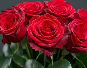 A close-up of a bouquet of red roses. Valentine's Day.