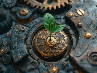 Fototapeta premium A tiny sprout emerges from intricate clockwork gears, a captivating image symbolizing the delicate balance of life's cycle, the mechanical nature of time, and the enduring power of growth against the