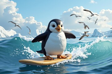 Obraz premium Adorable Penguin Surfing Ocean Wave with Seagulls Cute Cartoon Animal Illustration